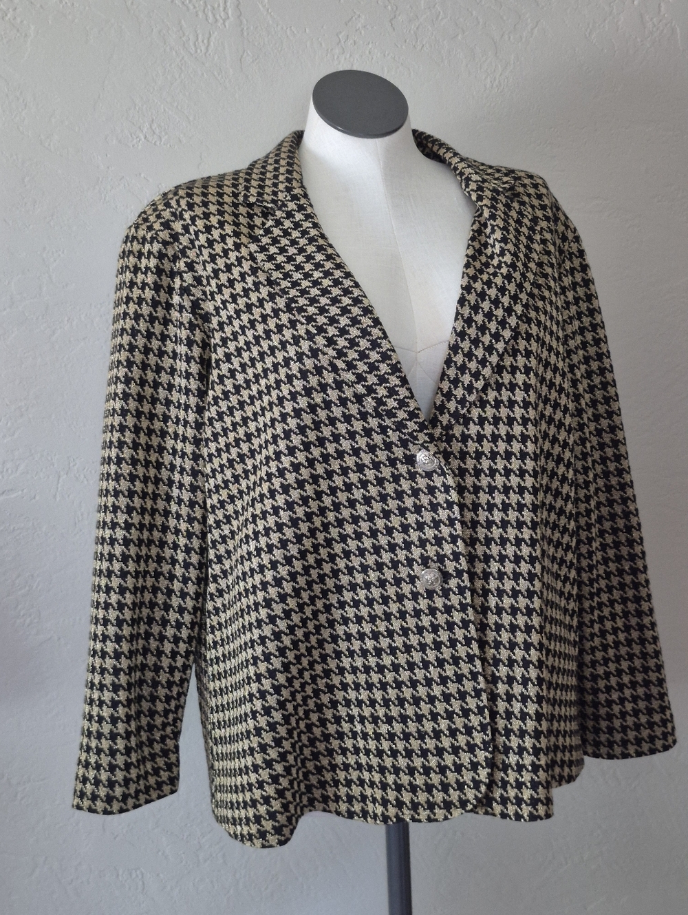 Vintage 80s Gold Black Lurex Houndstooth Blazer 2x
